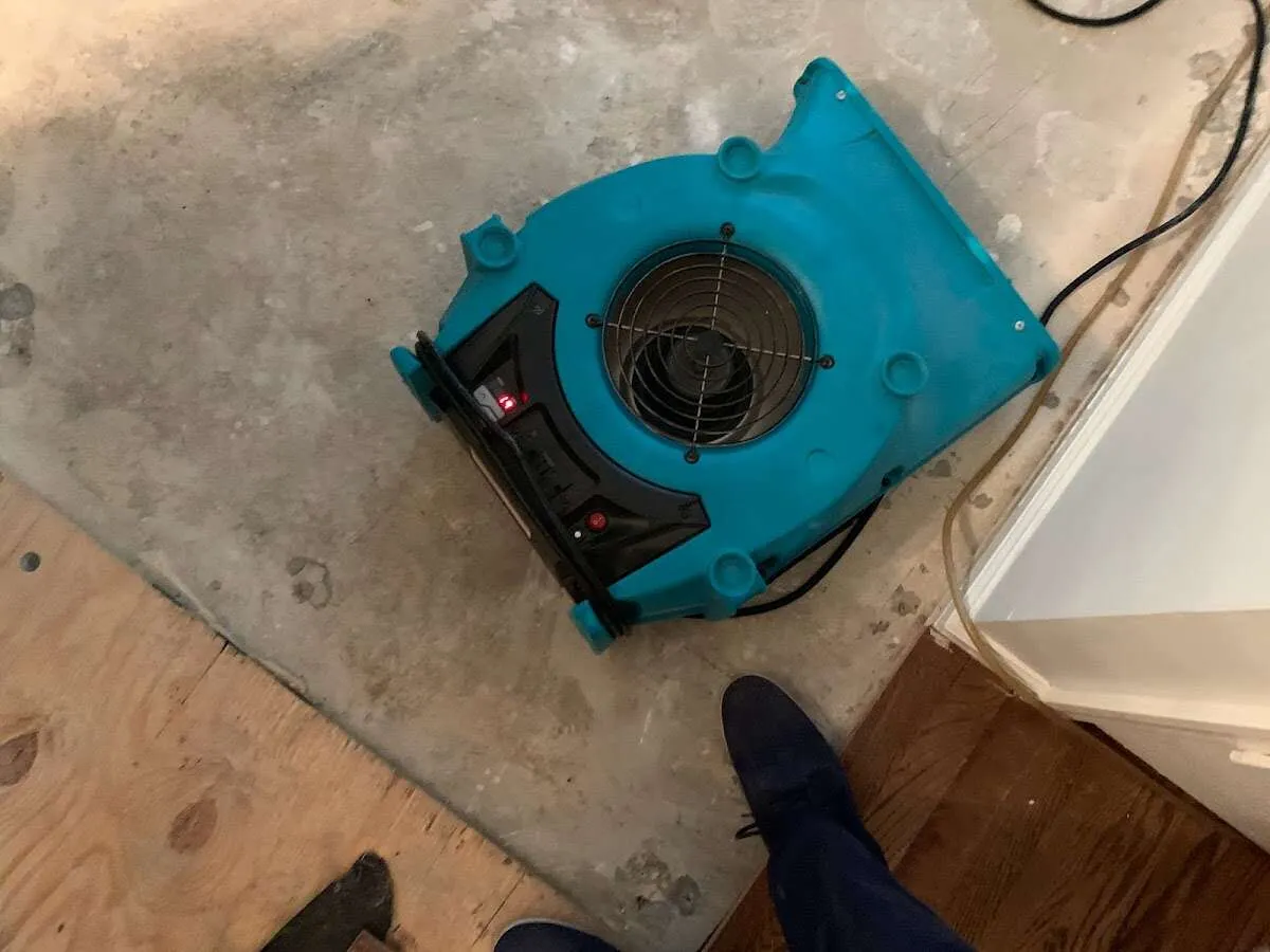 Air mover drying subfloor during Commercial Water Damage Restoration in Grayson